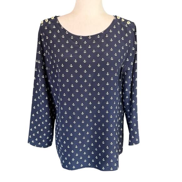 J. Crew 100% Silk Anchor Nautical Sailor Blouse 12 Coastal Preppy Fishingcore - Picture 1 of 10